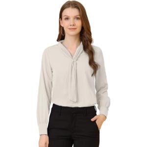 imageAllegra K Womens Dressy Long Sleeve Blouses Chiffon Pleated Tie Neck Office Top ShirtLight Beige