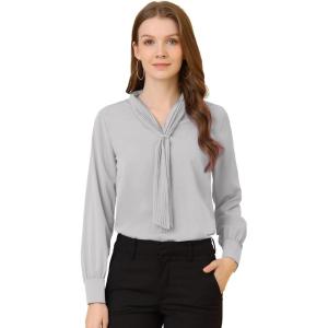 imageAllegra K Womens Dressy Long Sleeve Blouses Chiffon Pleated Tie Neck Office Top ShirtLight Gray