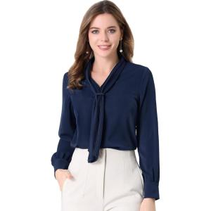 imageAllegra K Womens Dressy Long Sleeve Blouses Chiffon Pleated Tie Neck Office Top ShirtNavy Blue