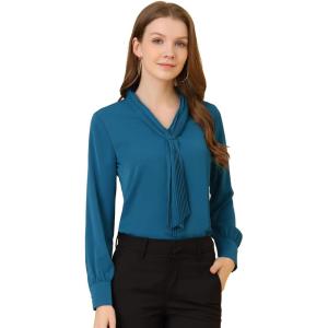 imageAllegra K Womens Dressy Long Sleeve Blouses Chiffon Pleated Tie Neck Office Top ShirtPeacock Blue