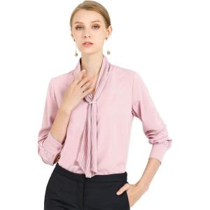 imageAllegra K Womens Dressy Long Sleeve Blouses Chiffon Pleated Tie Neck Office Top ShirtPink