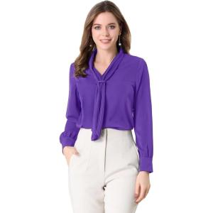 imageAllegra K Womens Dressy Long Sleeve Blouses Chiffon Pleated Tie Neck Office Top ShirtPurple
