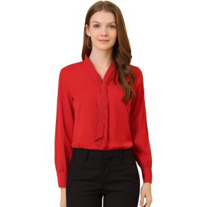 imageAllegra K Womens Dressy Long Sleeve Blouses Chiffon Pleated Tie Neck Office Top ShirtRed