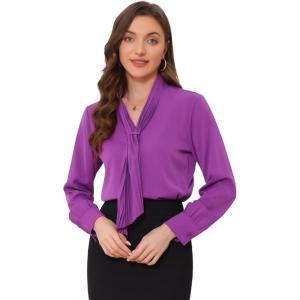 imageAllegra K Womens Dressy Long Sleeve Blouses Chiffon Pleated Tie Neck Office Top ShirtViolet