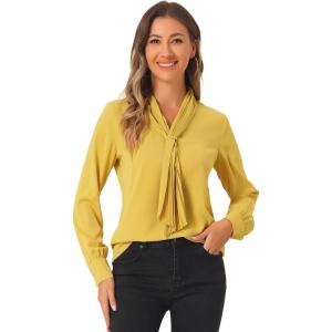 imageAllegra K Womens Dressy Long Sleeve Blouses Chiffon Pleated Tie Neck Office Top ShirtYellows