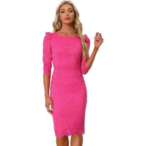 imageAllegra K Womens Elegant Lace Dress 34 Sleeve Business Wedding Guest Cocktail Bodycon DressHot Pink