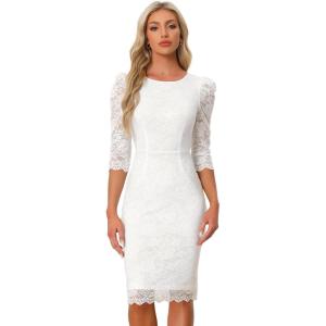 imageAllegra K Womens Elegant Lace Dress 34 Sleeve Business Wedding Guest Cocktail Bodycon DressWhite