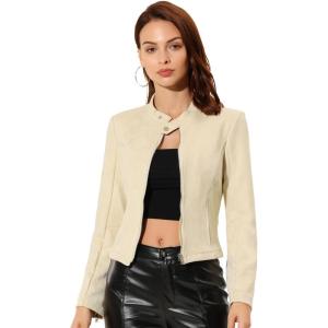 imageAllegra K Womens Faux Suede Jacket Stand Collar Zip Up Long Sleeve Motorcycle Biker CoatBeige