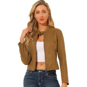 imageAllegra K Womens Faux Suede Jacket Stand Collar Zip Up Long Sleeve Motorcycle Biker CoatBrown