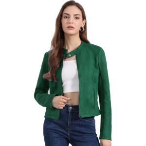 imageAllegra K Womens Faux Suede Jacket Stand Collar Zip Up Long Sleeve Motorcycle Biker CoatDark Green