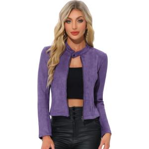 imageAllegra K Womens Faux Suede Jacket Stand Collar Zip Up Long Sleeve Motorcycle Biker CoatDark Purple