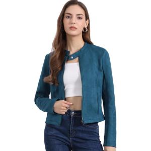 imageAllegra K Womens Faux Suede Jacket Stand Collar Zip Up Long Sleeve Motorcycle Biker CoatPeacock Blue