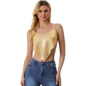 imageAllegra K Womens Halloween Sequin Spaghetti Straps Crisscross Backless Party Crop Cami TopLight Gold