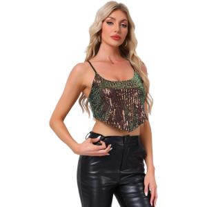 imageAllegra K Womens Halloween Sequin Spaghetti Straps Crisscross Backless Party Crop Cami TopMulticolor