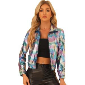 imageAllegra K Womens Holographic Shiny Party Christmas Long Sleeve Lightweight Zipper Metallic JacketIridescent
