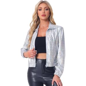 imageAllegra K Womens Holographic Shiny Party Christmas Long Sleeve Lightweight Zipper Metallic JacketIridescent Silver