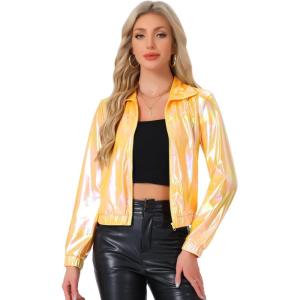 imageAllegra K Womens Holographic Shiny Party Christmas Long Sleeve Lightweight Zipper Metallic JacketYellow