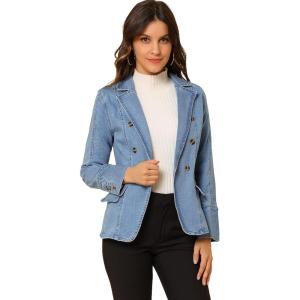 imageAllegra K Womens Jean Jacket Button Down Notched Lapel Long Sleeve Work Office Denim Blazer JacketBaby Blue