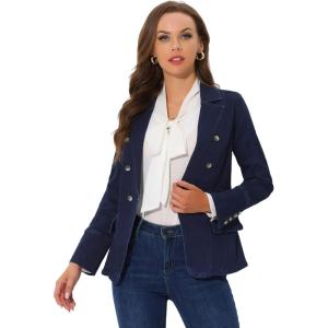 imageAllegra K Womens Jean Jacket Button Down Notched Lapel Long Sleeve Work Office Denim Blazer JacketBlackblue