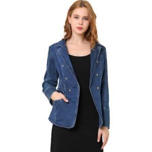 imageAllegra K Womens Jean Jacket Button Down Notched Lapel Long Sleeve Work Office Denim Blazer JacketDark Blue