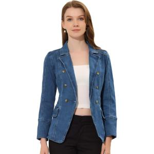 imageAllegra K Womens Jean Jacket Button Down Notched Lapel Long Sleeve Work Office Denim Blazer JacketDenim Blue