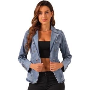 imageAllegra K Womens Jean Jacket Button Down Notched Lapel Long Sleeve Work Office Denim Blazer JacketGrey Blue