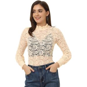 imageAllegra K Womens Lace Top Long Sleeve Smocked Mock Neck See Through Sheer Top BlouseApricot