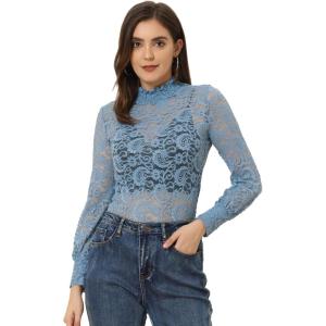 imageAllegra K Womens Lace Top Long Sleeve Smocked Mock Neck See Through Sheer Top BlouseGray Blue