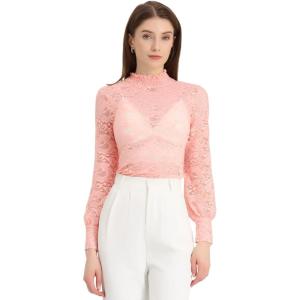 imageAllegra K Womens Lace Top Long Sleeve Smocked Mock Neck See Through Sheer Top BlousePink