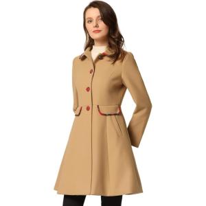 imageAllegra K Womens Peter Pan Collar Contrast Trim Single Breasted Winter Long CoatKhaki