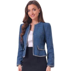 imageAllegra K Womens Plaid Tweed Blazer Long Sleeve Open Front Work Office Short JacketBlue