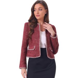 imageAllegra K Womens Plaid Tweed Blazer Long Sleeve Open Front Work Office Short JacketBurgundy