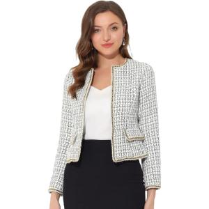 imageAllegra K Womens Plaid Tweed Blazer Long Sleeve Open Front Work Office Short JacketWhite