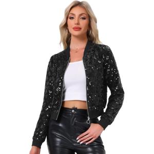 imageAllegra K Womens Sequin Jacket Bomber Long Sleeve Zipper Shiny Glitter Tops Sparkly Party Slitter OutfitBlack