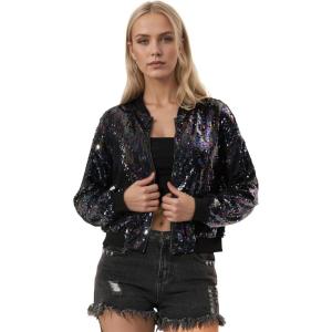 imageAllegra K Womens Sequin Jacket Bomber Long Sleeve Zipper Shiny Glitter Tops Sparkly Party Slitter OutfitBlack Rainbow