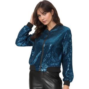 imageAllegra K Womens Sequin Jacket Bomber Long Sleeve Zipper Shiny Glitter Tops Sparkly Party Slitter OutfitBlues