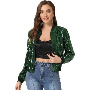 imageAllegra K Womens Sequin Jacket Bomber Long Sleeve Zipper Shiny Glitter Tops Sparkly Party Slitter OutfitDark Green