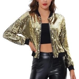 imageAllegra K Womens Sequin Jacket Bomber Long Sleeve Zipper Shiny Glitter Tops Sparkly Party Slitter OutfitGold