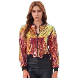 imageAllegra K Womens Sequin Jacket Bomber Long Sleeve Zipper Shiny Glitter Tops Sparkly Party Slitter OutfitGold Hot Pink
