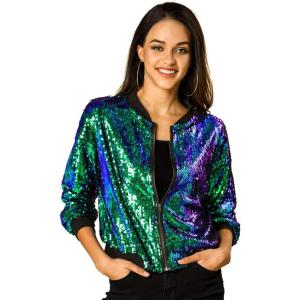 imageAllegra K Womens Sequin Jacket Bomber Long Sleeve Zipper Shiny Glitter Tops Sparkly Party Slitter OutfitGreen