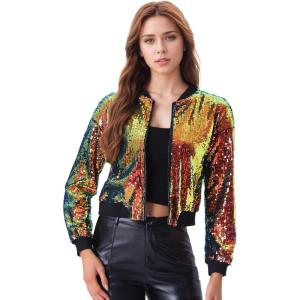 imageAllegra K Womens Sequin Jacket Bomber Long Sleeve Zipper Shiny Glitter Tops Sparkly Party Slitter OutfitGreen Pink