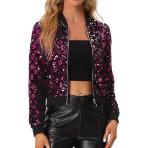 imageAllegra K Womens Sequin Jacket Bomber Long Sleeve Zipper Shiny Glitter Tops Sparkly Party Slitter OutfitHot Pink
