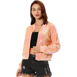 imageAllegra K Womens Sequin Jacket Bomber Long Sleeve Zipper Shiny Glitter Tops Sparkly Party Slitter OutfitPink
