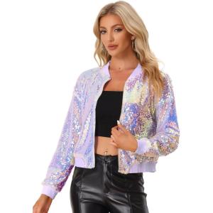 imageAllegra K Womens Sequin Jacket Bomber Long Sleeve Zipper Shiny Glitter Tops Sparkly Party Slitter OutfitPink Purple