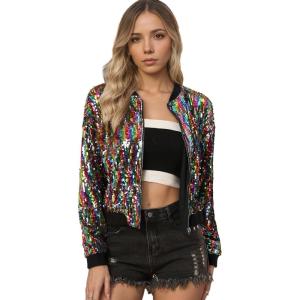 imageAllegra K Womens Sequin Jacket Bomber Long Sleeve Zipper Shiny Glitter Tops Sparkly Party Slitter OutfitRainbow