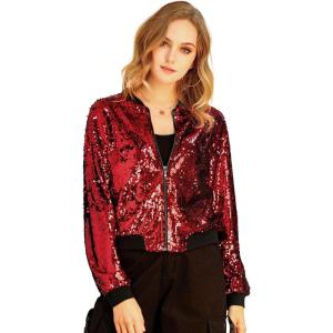 imageAllegra K Womens Sequin Jacket Bomber Long Sleeve Zipper Shiny Glitter Tops Sparkly Party Slitter OutfitRed