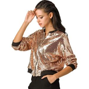 imageAllegra K Womens Sequin Jacket Bomber Long Sleeve Zipper Shiny Glitter Tops Sparkly Party Slitter OutfitRose Gold