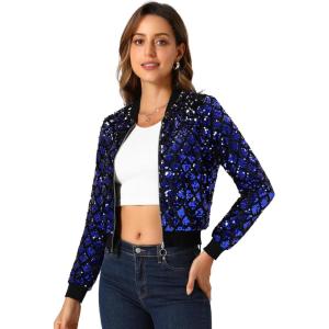 imageAllegra K Womens Sequin Jacket Bomber Long Sleeve Zipper Shiny Glitter Tops Sparkly Party Slitter OutfitRoyal Blue