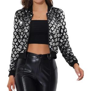 imageAllegra K Womens Sequin Jacket Bomber Long Sleeve Zipper Shiny Glitter Tops Sparkly Party Slitter OutfitSilver