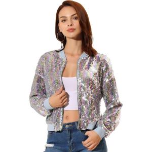 imageAllegra K Womens Sequin Jacket Bomber Long Sleeve Zipper Shiny Glitter Tops Sparkly Party Slitter OutfitWhite Rainbow